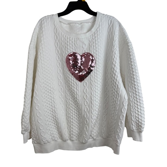 SHEIN Tops - SHEIN Curve White Cable Knit Sweatshirt Pink Sequin Heart 3XL Plus Top Valentine